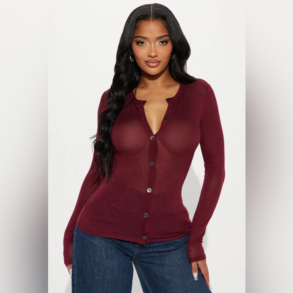 Ribbed Button-Up Long Sleeve Top — Deep Wine